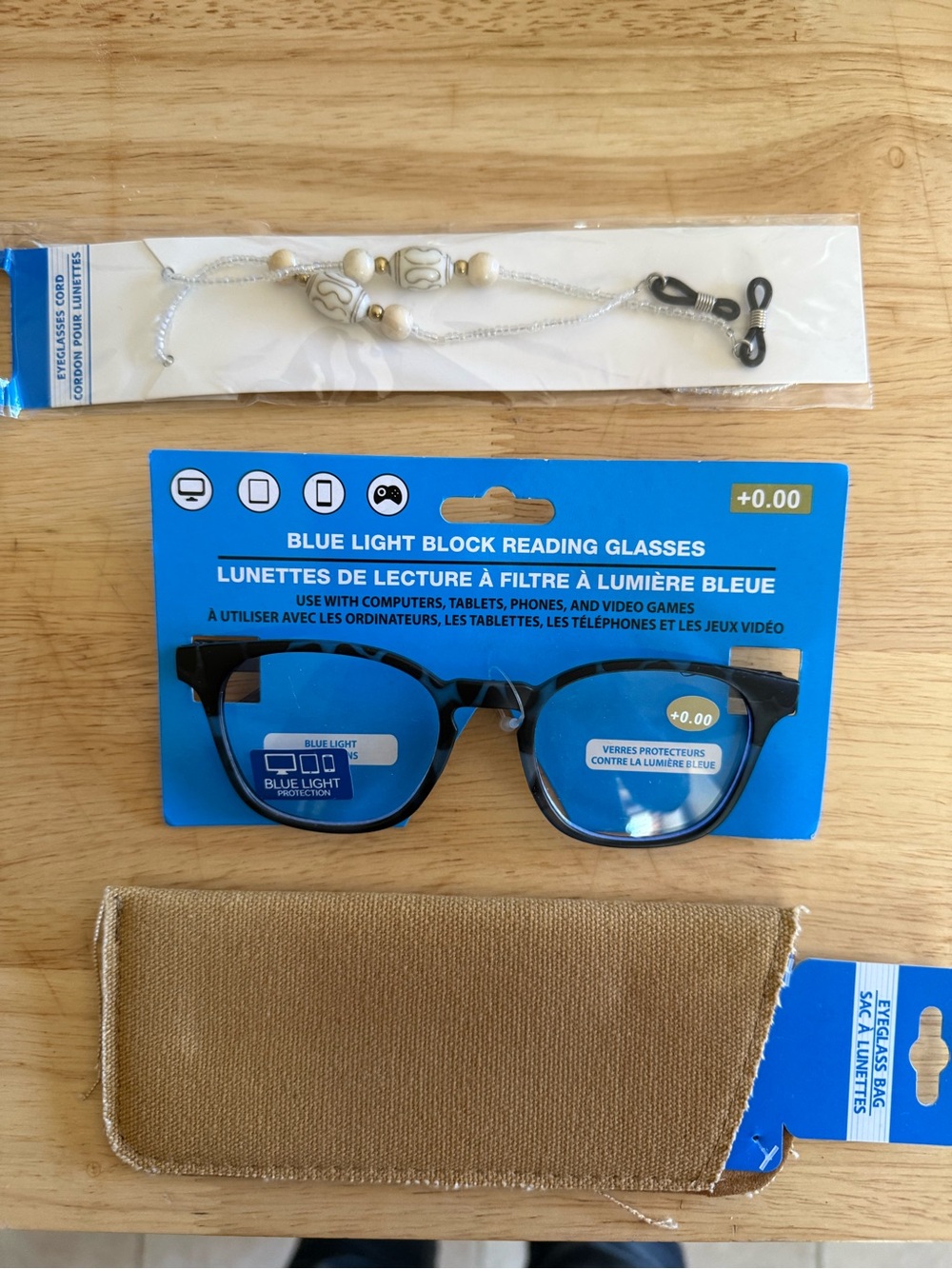 Blue Light Block Reading Glasses with Brown Fabric Case and Cord